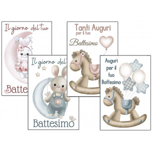 Biglietti felice Battesimo con coniglietti e cavallini
