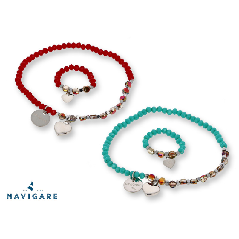 Parure 1 bracciale Navigare Donna con cristalli colorati e 1 anello rosso e turchese