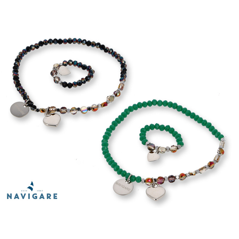 Parure 1 bracciale Navigare Donna con cristalli colorati e 1 anello verde e nero
