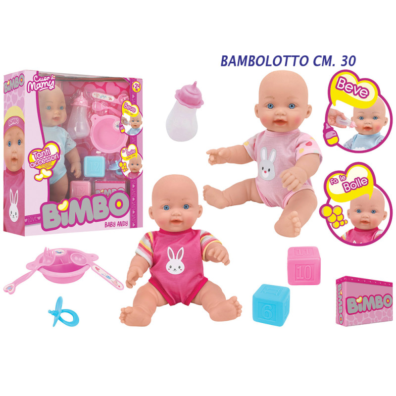 Bambolotto cm. 30 con funzione bolle e accessori 3 ass.ti