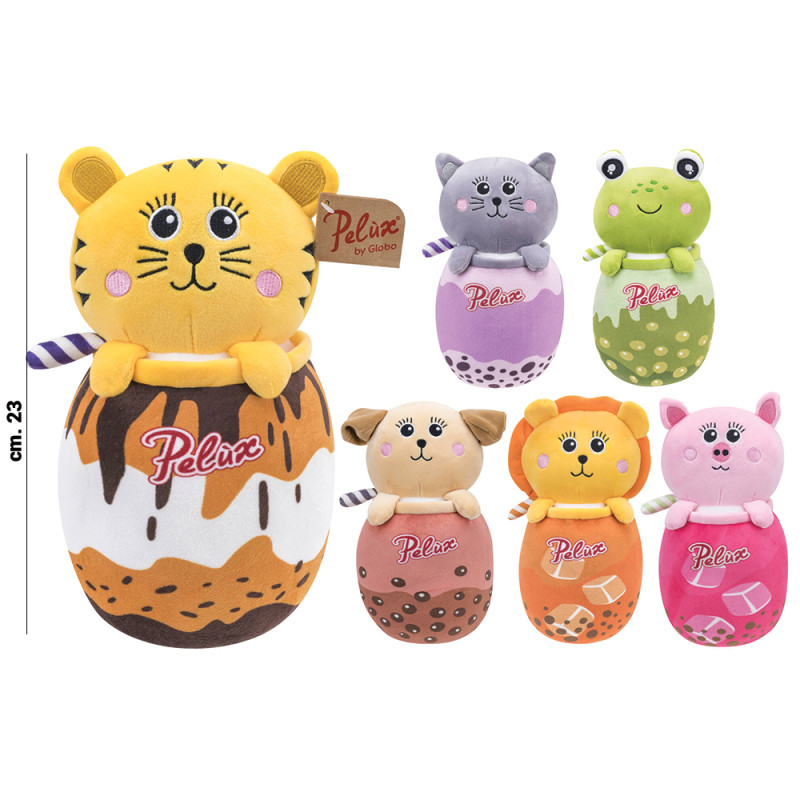 Peluche Pelux animali cm. 23 con bubble tea 6 ass.ti