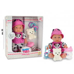 Bambolotto cm. 25 in vinile con tutina panda e acc.ri