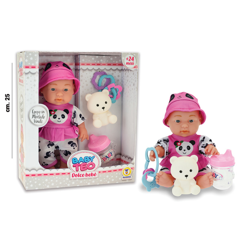 Bambolotto cm. 25 in vinile con tutina panda e acc.ri