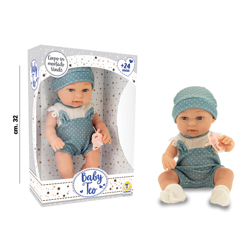 Bambolotto in puro vinile cm. 32 con tutina azzurra