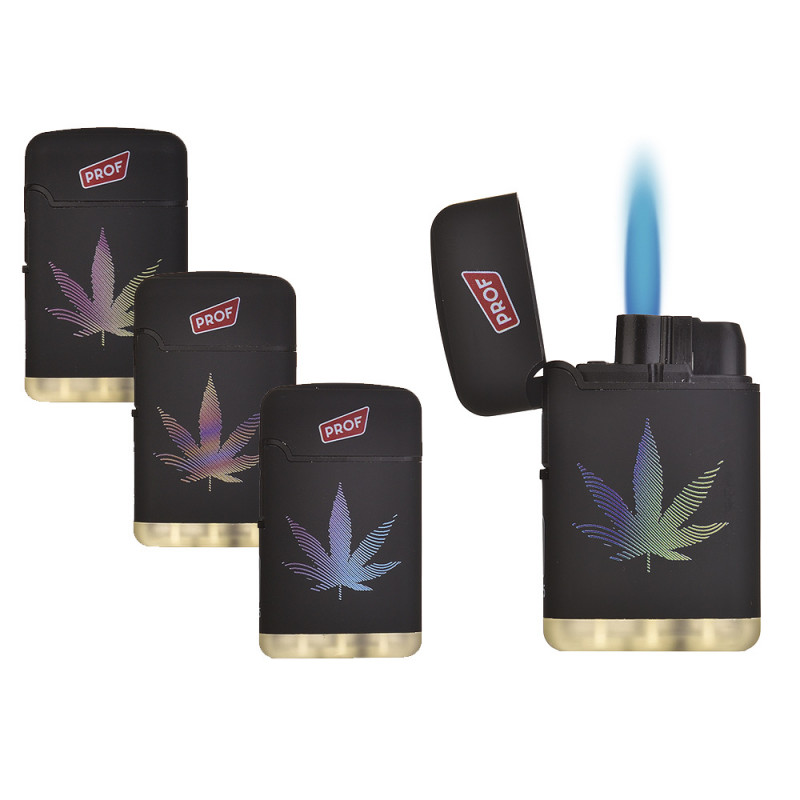 Accendino Prof Jetflame nero con disegno foglie e cappuccio
