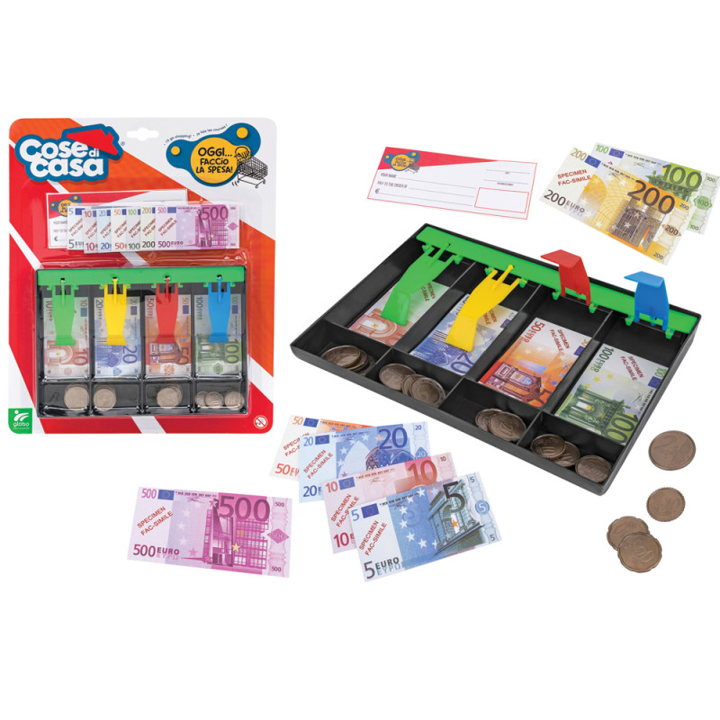 Cassa con monete, banconote e assegni