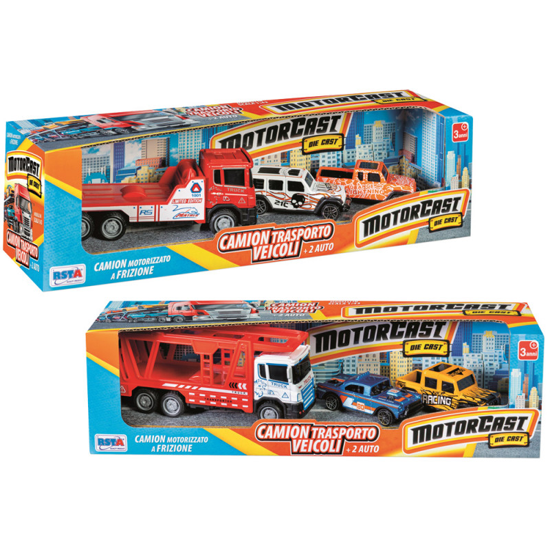 Camion bisarca a frizione e 2 auto die cast scala 1:43