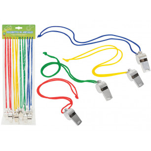 Fischietti in metallo con cordino colorato cartella 12 pz