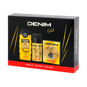 Set Regalo Denim Gold con 1 after shave da 100 ml, 1 deo da 150 ml e 1 doccia gel da 250 ml