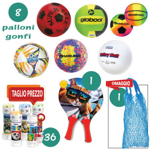 Offerta 6 palloni + 2 palline gonfi + bolle di sapone e racchette con rete omaggio