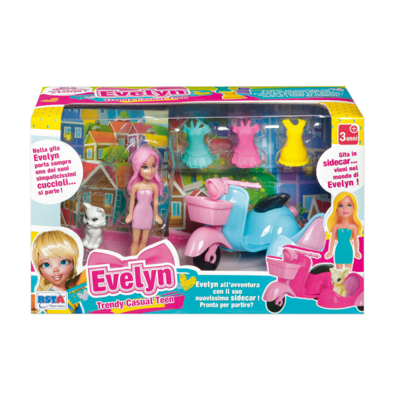 Bambola Mini Evelyn con scooter e 3 vestiti