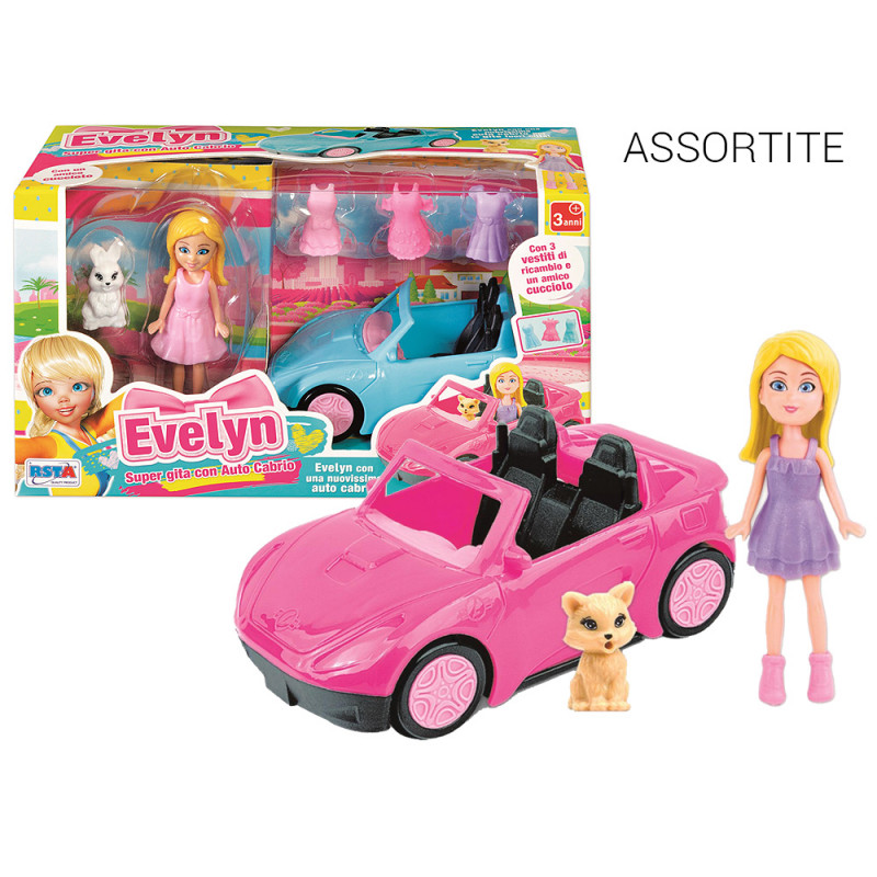 Bambola Mini Evelyn con auto cabrio e accessori 2 ass.ti