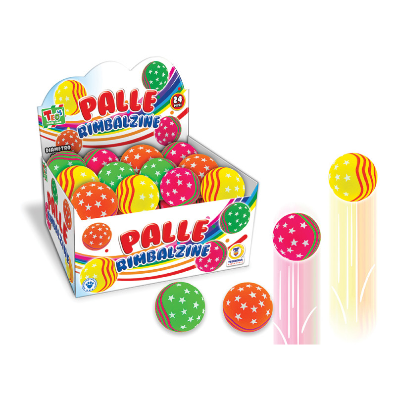 Palline rimbalzine neon con stelle cm. 6,3 display 24 pz