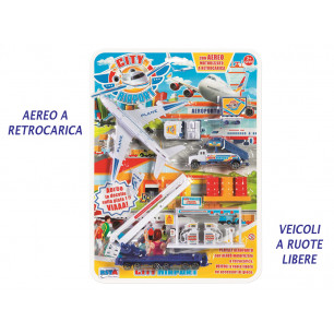 Playset aeroporto con aereo a retrocarica e altri mezzi