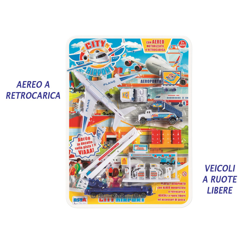 Playset aeroporto con aereo a retrocarica e altri mezzi