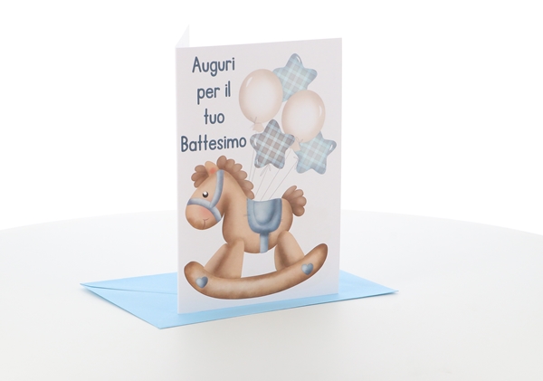 Biglietti felice Battesimo con coniglietti e cavallini